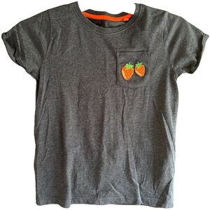 Mini Boden size 6-7 Heather blue shirt with strawberry appliqué - worn once